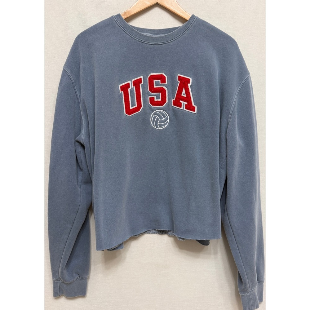 Independent Trading Co. USA Volleyball Cropped Blue-Grey Crewneck Sweatshirt XL